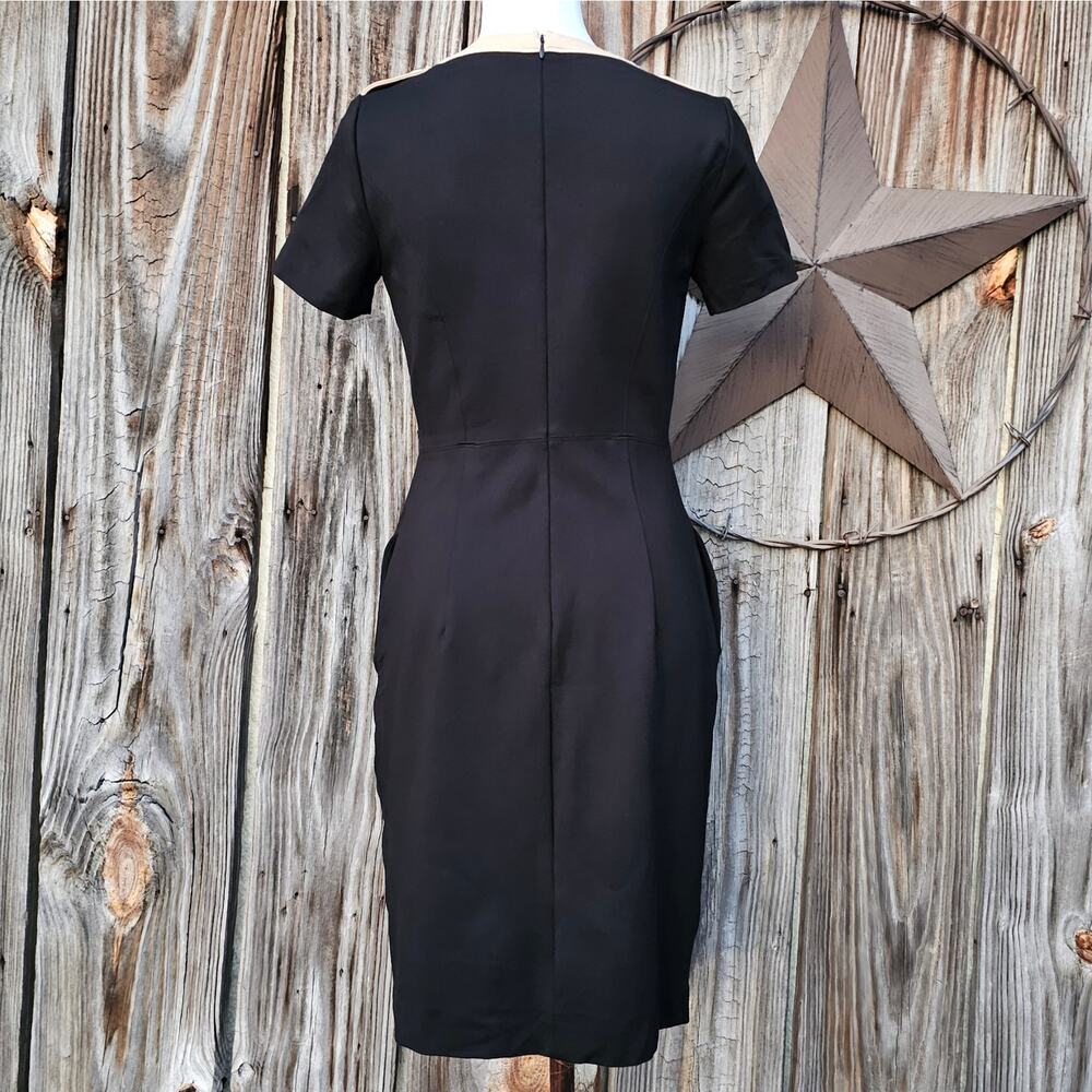 Black Knit Dress Tan Contrast Trim Epaulet Brooks Brothers Size 2 Stretch Pocket - Picture 3 of 9